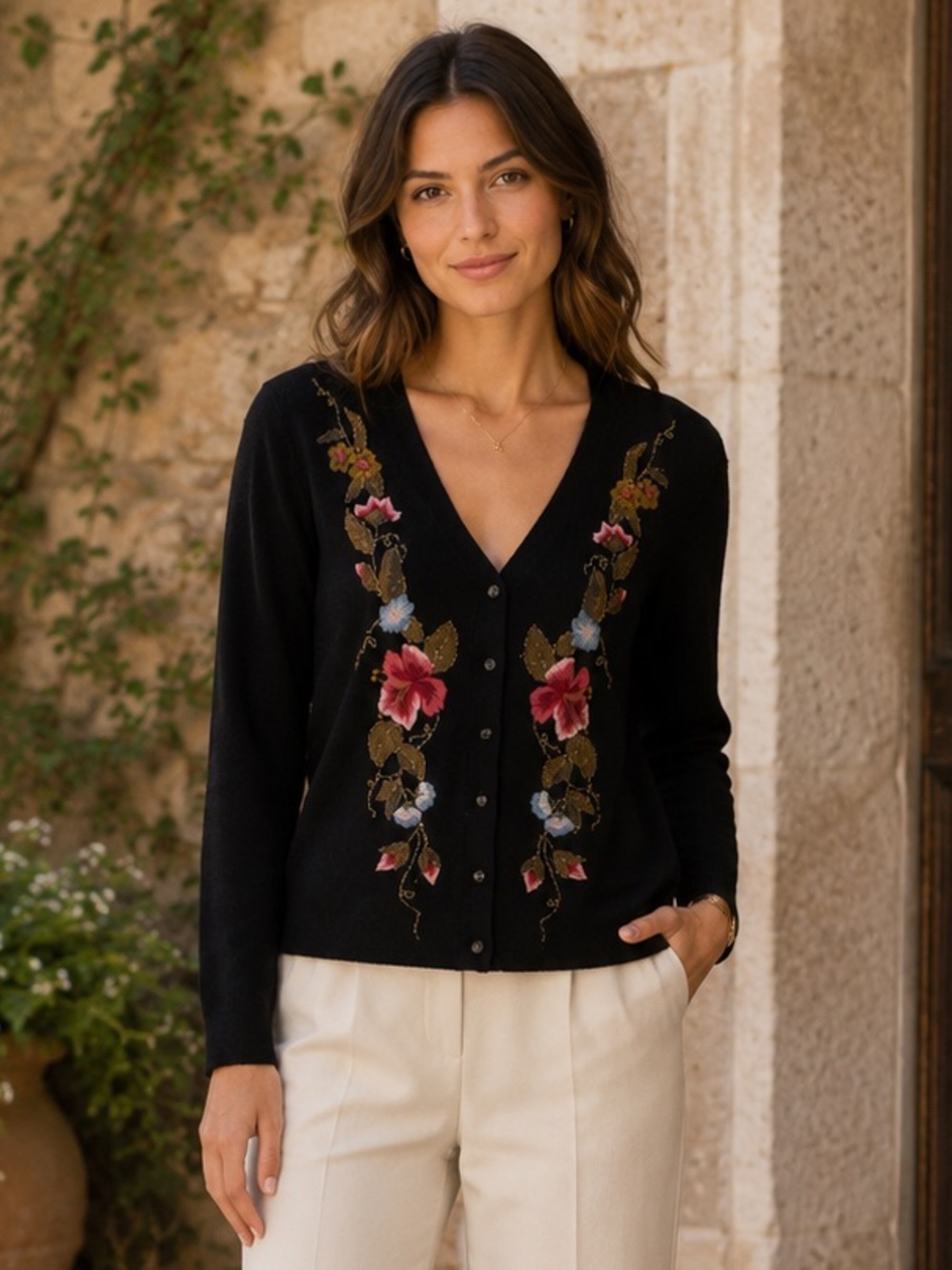 Embroidered Wool Cardigan with Floral Design